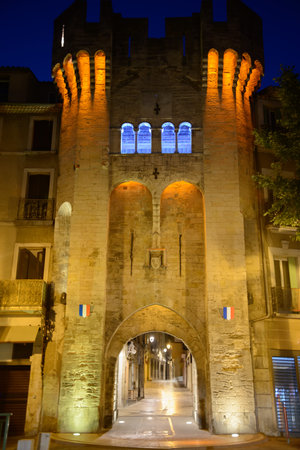 Manosque (Alpes-de-Haute-Provence, Provence, Alpes-Cote d'Azur, France): historic door at eveningの写真素材