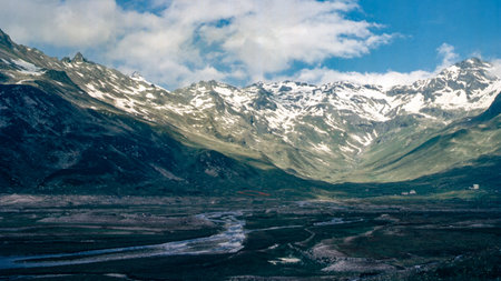 Mountain landscape along the road to Spluga pass, Sondrio province, Lombardy, Italyの写真素材