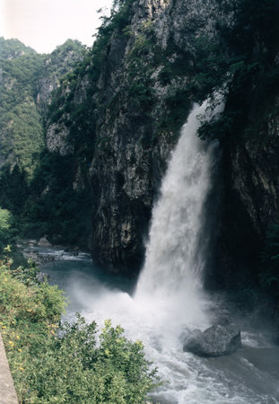 Via Mala della Lombardia, a historic road along a canyon in the provinces of Bergamo and Brescia, Lombardy, Italyの写真素材
