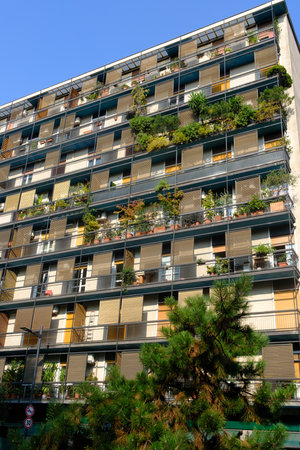 Modern residential building along Corso Sempione in Milan, Lombardy, Italyの写真素材
