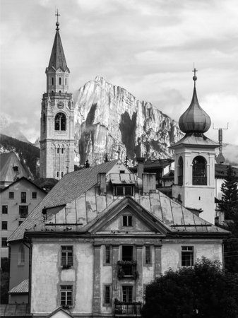 View of Cortina d'Ampezzo, Belluno province, Veneto, Italy, pearl of the Dolomitesの写真素材
