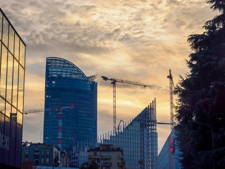 Milan, Lombardy, Italy: Citylife, modern park with office, residential and commercial buildingsの写真素材