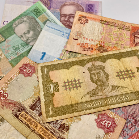 Banknotes of the Bank of Ukraine of various denominationsの写真素材