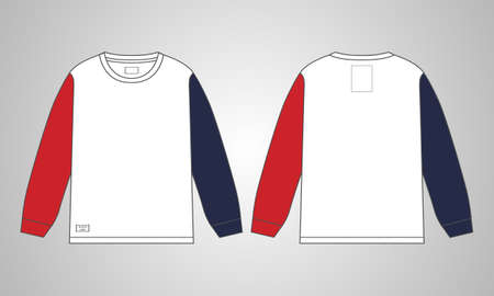 Long sleeve Round neck T-shirt overall technical fashion Drawing flat sketch template front and back view. apparel dress design vector illustration mock up tee CAD. Easy edit and customizable.のイラスト素材