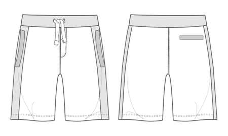 Shorts pants Technical Fashion flat sketch vector illustration template Front and back views. Cotton jersey pant dress design Black mock up Isolated on white background.のイラスト素材