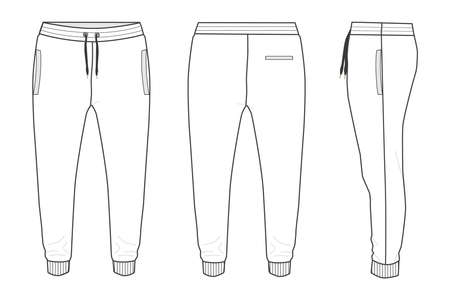 Fleece fabric Jogger Sweatpants overall technical fashion flat sketch vector illustration template front, back and side views isolated on white background.のイラスト素材