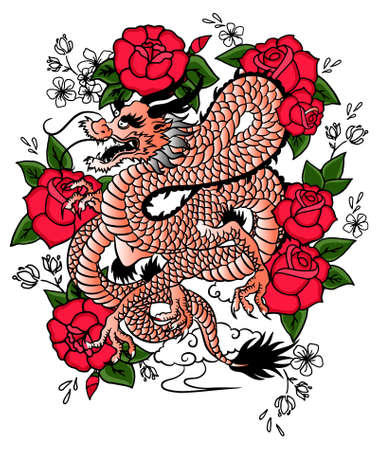 Japanese dragon with Read rose flower vector design isolated on white background.のイラスト素材