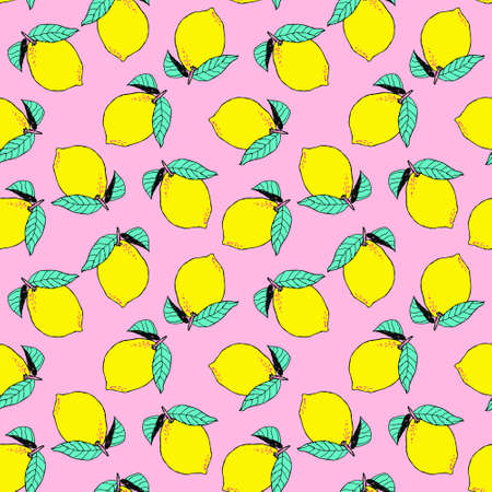 Fresh Bright lemons seamless pattern background. Fruits vector illustration isolated on purple background. Colorful wallpaper citrus fruits collection. Decorative illustration, good for printing.のイラスト素材