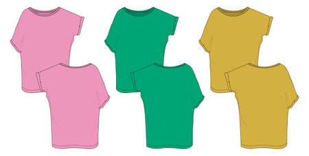Multi color Set of Collection Pink, Green, yellow Women's Top. Oversize shirt apparel technical fashion flats sketch vector template. Clothing design mock up illustration Ladies Unisex Tops CAD.のイラスト素材