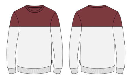 Two tone Cut and sew Red and light grey Slim fit Round neck Long sleeve Sweatshirt technical fashion Flats Sketches drawing vector template For men's. Apparel design mock up CAD illustration.のイラスト素材