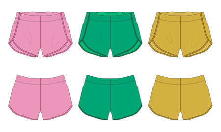 Set of collection Multi color Short pants overall technical fashion flat sketch Vector illustration template of men's and women's. Apparel cotton fabric sport shorts Pink, Green, Yellow color mock up.のイラスト素材