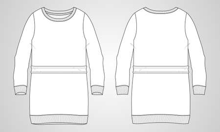 Women's long Oversize Cotton fleece jersey Sweater technical Flat sketch vector illustration template. Apparel sweater Mock up front and back views Isolated on white Background. Women's CAD mock upのイラスト素材