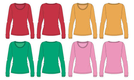 Multi color red, green, yellow, purple color Slim fit long sleeve t shirt technical fashion flat sketch template for ladies. Apparel Cotton jersey vector illustration drawing mock up front, back viewのイラスト素材