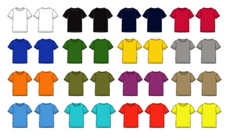 Multi color Basic Tee shirt fashion flat technical drawing template. Blank flat Short sleeve t-Shirt design for kids vector illustration.のイラスト素材
