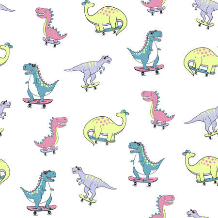Multi color Cartoon dinosaur vector seamless pattern isolated on white background.のイラスト素材