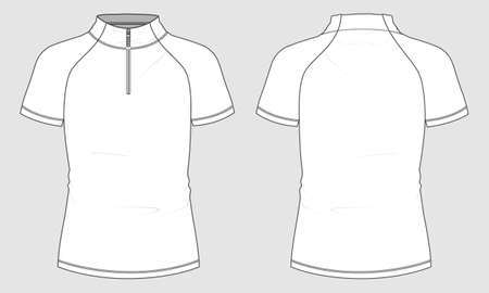 Men's short sleeve cycling jersey with short zip Vector Illustration template front and back view. Easy edit and customizable. Technical sketch mandarin Stand Up Collar Soccer mock up CAD.のイラスト素材