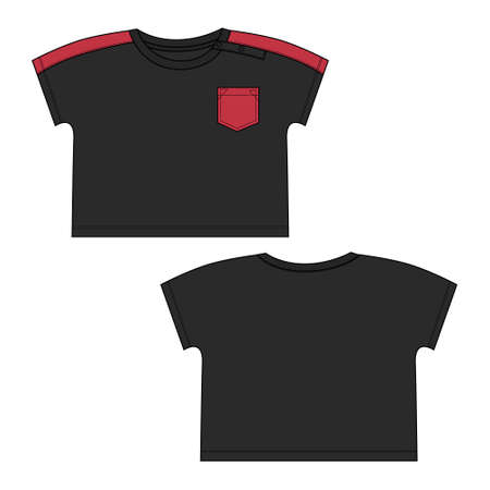 Short sleeve With Pocket Two tone Red, black T-shirt Technical sketch fashion Flat template for Kids. Vector art illustration Clothing mock up front, back view. Apparel Clothing Dress Designのイラスト素材