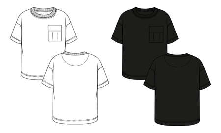 Short sleeve t shirt Technical fashion flat sketch vector illustration template front and back views. Apparel clothing Design White, black color Mock uo cad.のイラスト素材