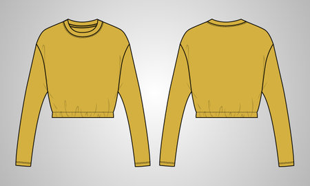 Long sleeve tops crew neckline technical fashion Sketch vector Template For ladies. Flat blouse navy color Mock up front and back Views.のイラスト素材