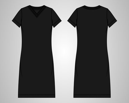 short sleeve oversized body long knee length. Technical fashion sketch template for women's White and black View. Vector Art Drawing illustration eps 10.Easy edit and customizable.のイラスト素材