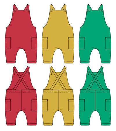 Baby bodysuit Romper Technical Fashion sketch vector template Front, back view. Modern Stylish Kids Dress design illustration.のイラスト素材