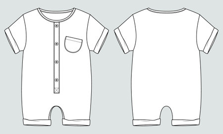 Baby bodysuit Romper Technical Fashion Flat sketch vector illustration template Front And back view. Modern Stylish Kids Dress design Easy edit and customizable.のイラスト素材