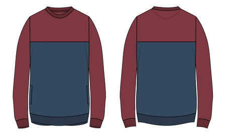 Long sleeve With Pocket Sweatshirt technical fashion Flats Sketches drawing vector template For men's. Apparel dress design mock up CAD illustration. Sweater fashion designのイラスト素材
