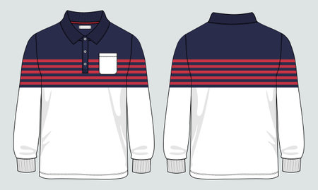 Long Sleeve With Pocket Polo Shirt Technical Sketch Vector Illustration Drawing Template Front and Back Views. Apparel Clothing Design Mock up Cad.のイラスト素材