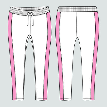 Sport leggings fashion CAD Technical sketch vector template. Woman's lounge or yoga leggings overall slim fit drawing, legging fashion flat with print details.のイラスト素材