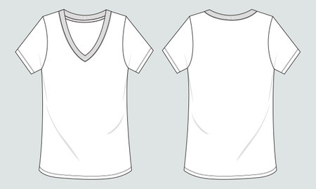 V-neck short sleeve t-shirt Technical sketch vector template for women. Front and back view.のイラスト素材