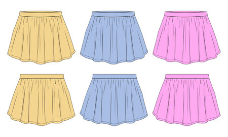 Multi color Female pleated skirt technical fashion Flat sketch vector template Front and back view isolated on a White background. Clothing Design Mock up CAD Illustration.のイラスト素材