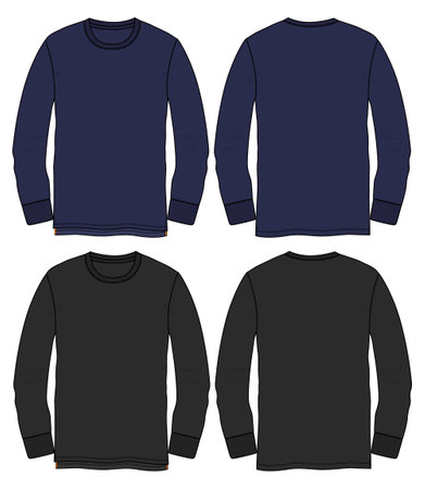 Long sleeve round neck Technical Sketch flat fashion T-shirt front and back view . Apparel dress design CAD Mock up Vector Illustration template.のイラスト素材