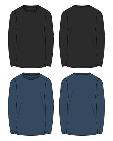 Long sleeve round neck Technical Sketch flat fashion T-shirt front and back view . Apparel dress design CAD Mock up Vector Illustration template.のイラスト素材