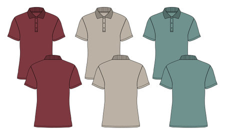 Short sleeve Polo shirt Overall technical fashion Drawing Flat sketch template front and back view. apparel dress design vector illustration mock up Polo tee CAD.のイラスト素材