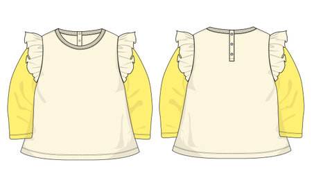 Baby girls dress design technical Flat sketch vector illustration template. Apparel clothing Mock up front and back views Isolated on White Background.のイラスト素材