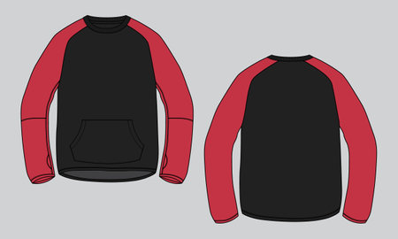 Long sleeve sweatshirt technical fashion flat sketch vector illustration template front and back views. Cotton fleece jersey Winter clothing design mock up cadのイラスト素材
