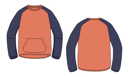 Long sleeve Sweatshirt technical fashion flat sketch vector illustration template front and back views. Fleece jersey sweatshirt sweater jumper for men's and boys.のイラスト素材