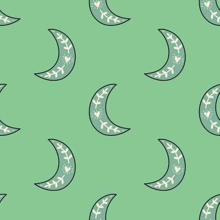 Abstract moon seamless vector pattern isolated on green background. Design for use backdrop wrapping paper all over textile fabric print and othersのイラスト素材