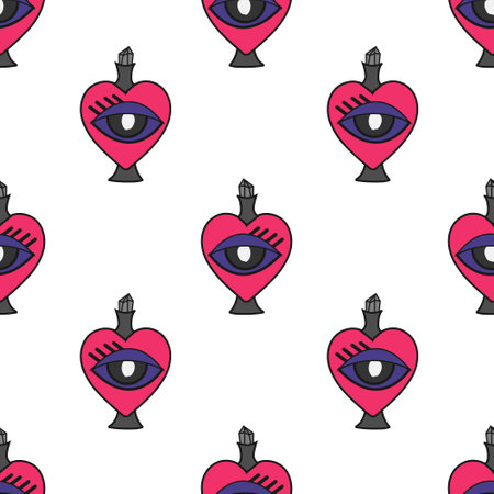 Abstract Cartoon love hearts with eye seamless vector pattern isolated on White background. Design for use backdrop wrapping paper all over textile fabric print and othersのイラスト素材
