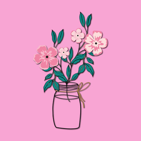 Illustration of a bouquet of pink flowers in a glass jarのイラスト素材