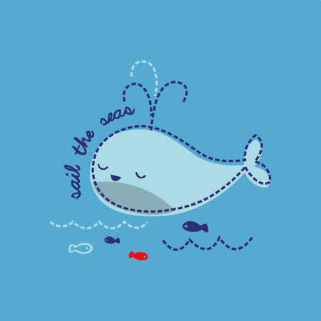 Cute cartoon whale. Vector illustration of a cute whale in the sea.のイラスト素材