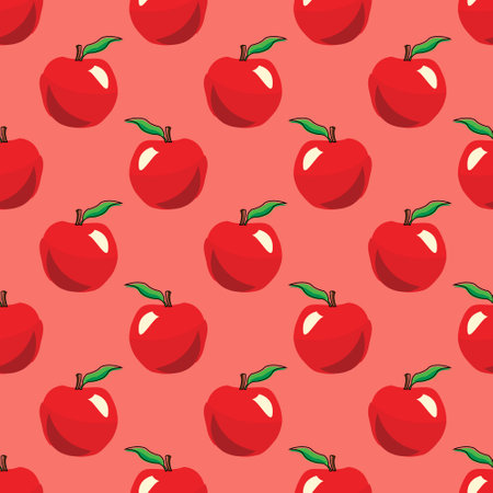 Seamless pattern with red apples on pink background. Vector illustration.