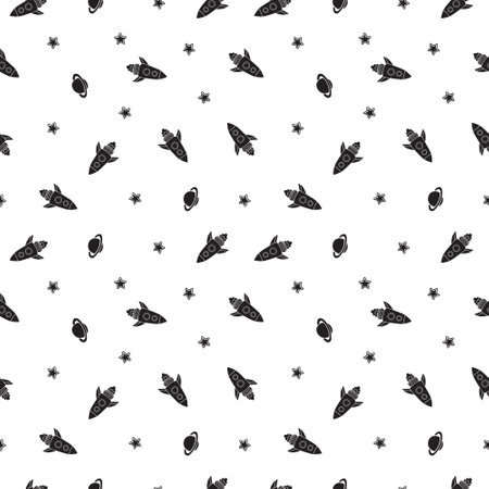 Seamless pattern with black fish on white background. Vector illustration.のイラスト素材