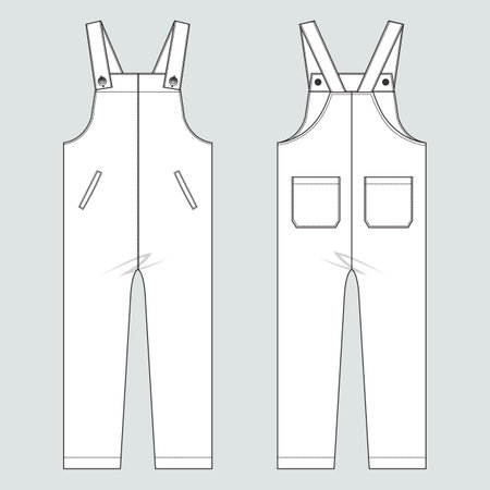 Dungarees technical fashion illustration with zip fastener, pockets, pockets. Flat bottom template front, back, white color style. Women, men, unisex CAD mockupのイラスト素材