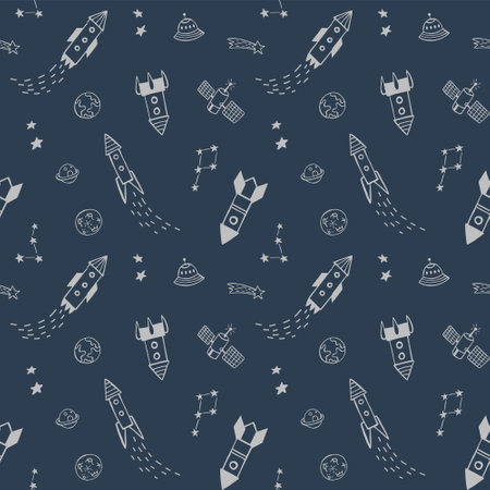 Seamless pattern with rockets, planets and stars on dark blue backgroundのイラスト素材