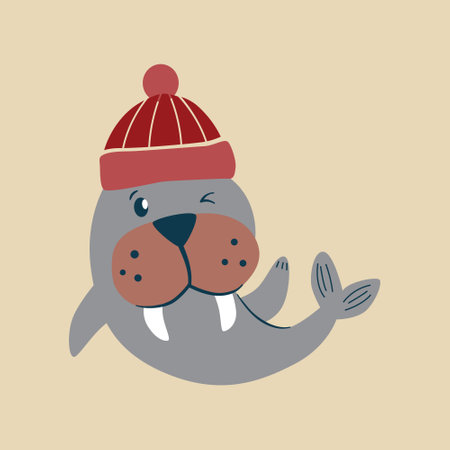 Cute sea animal in winter hat. Vector illustration in flat styleのイラスト素材