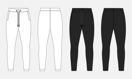 Pants technical fashion illustration with full length, normal waist, high rise, 5 pockets. Flat leggings template front, back, white color style. Women, men, unisex CAD mockupのイラスト素材