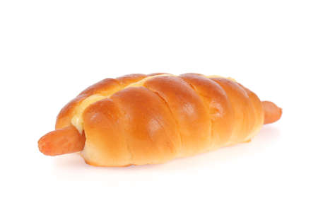 Sausage in bread isolated on white backgroundの写真素材