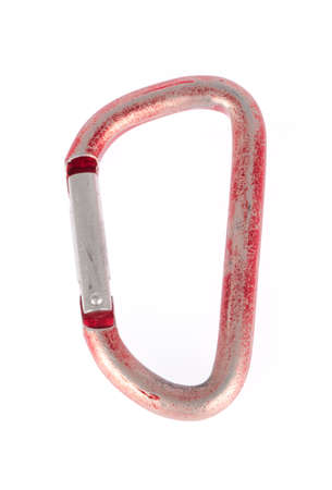 Red carabiner for mountain climbingの写真素材