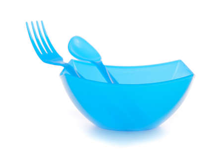 bowl and plastic cutlery isolated on white backgroundの写真素材